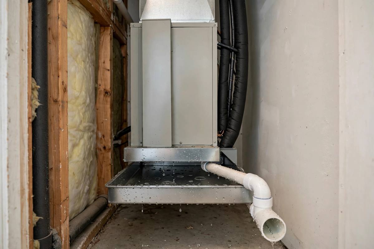 HVAC air handler with condensate drain line and overflow pan in a Phoenix home