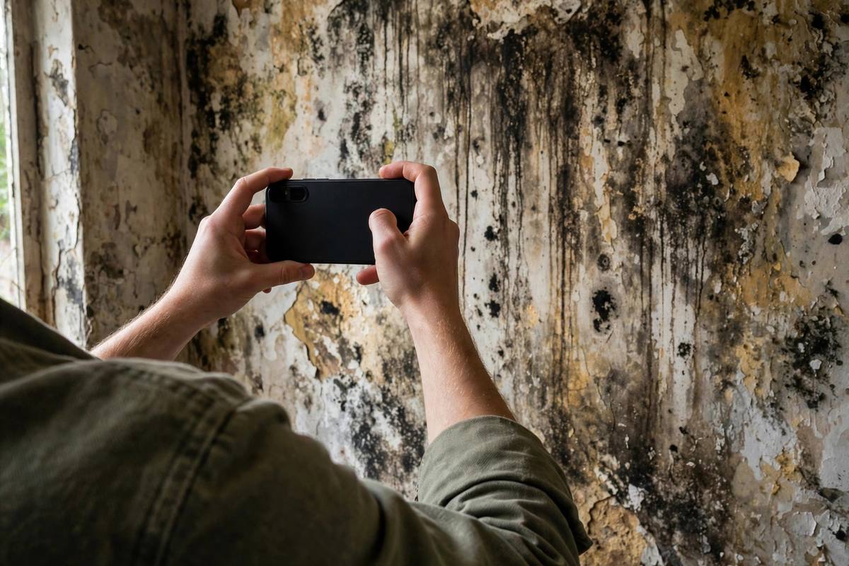 Homeowner photographing water-damaged wall with a smartphone for an insurance claim