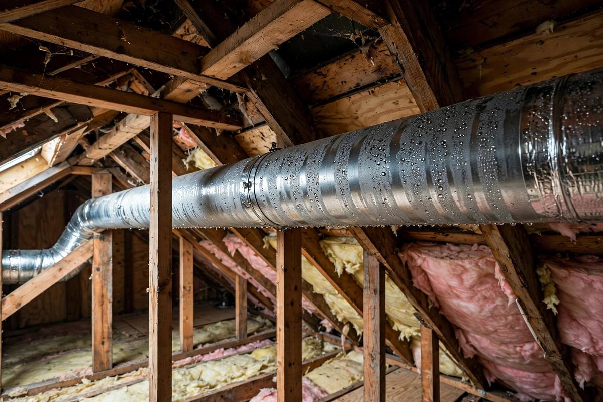 Attic interior with condensation moisture on ductwork and wood framing