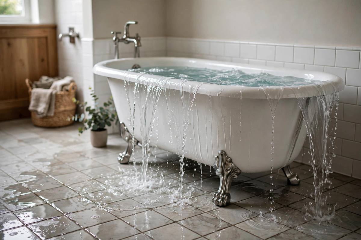 Bathtub overflowing with water spilling onto the bathroom floor