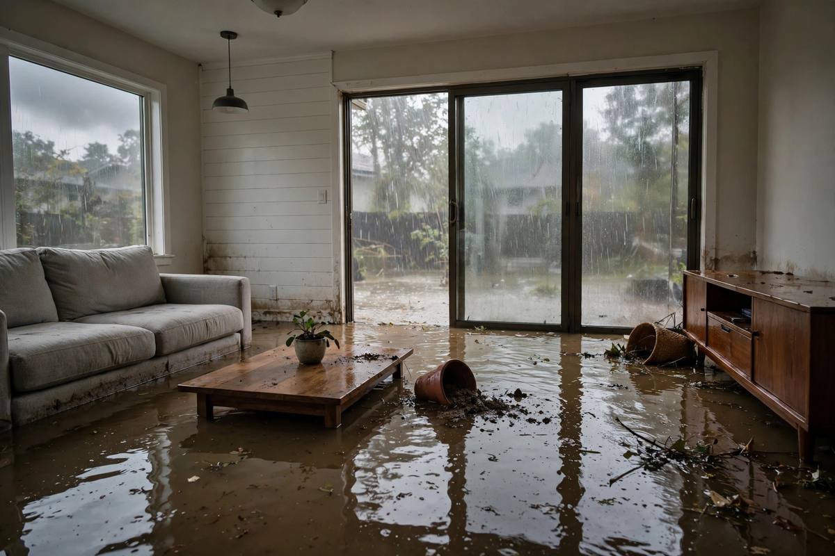 Interior room with standing murky floodwater after a water intrusion event