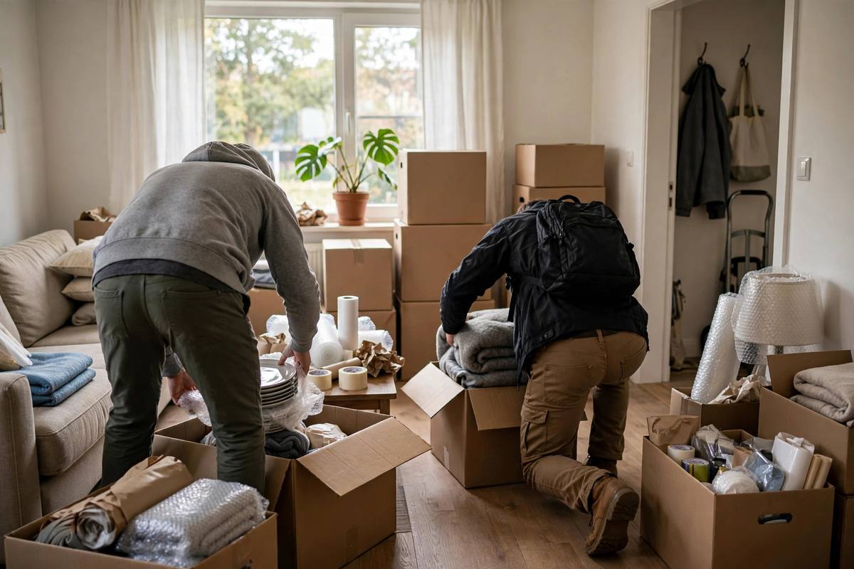 Workers packing household belongings into boxes in a water-damaged home