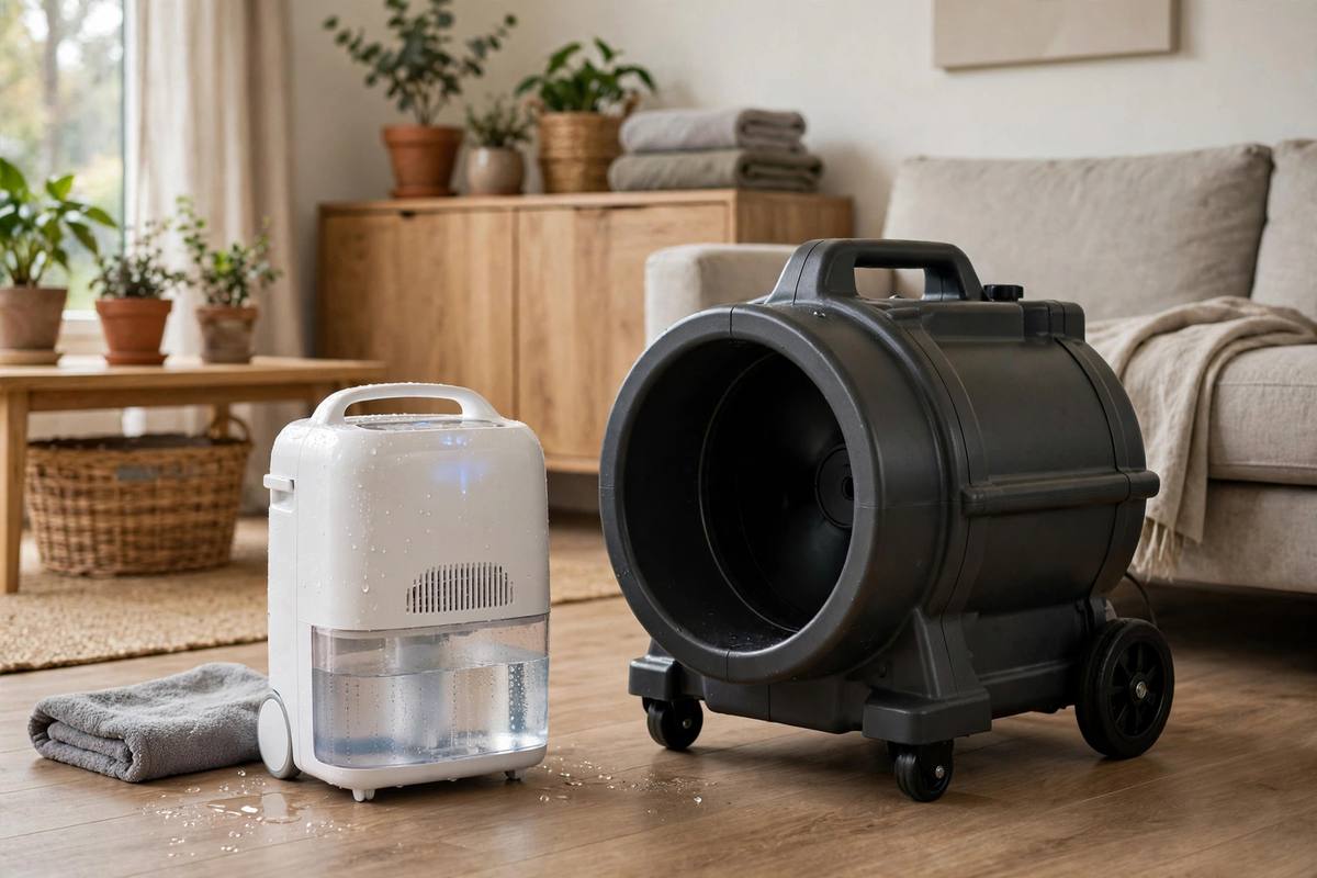 Portable dehumidifier running in a home next to professional drying equipment