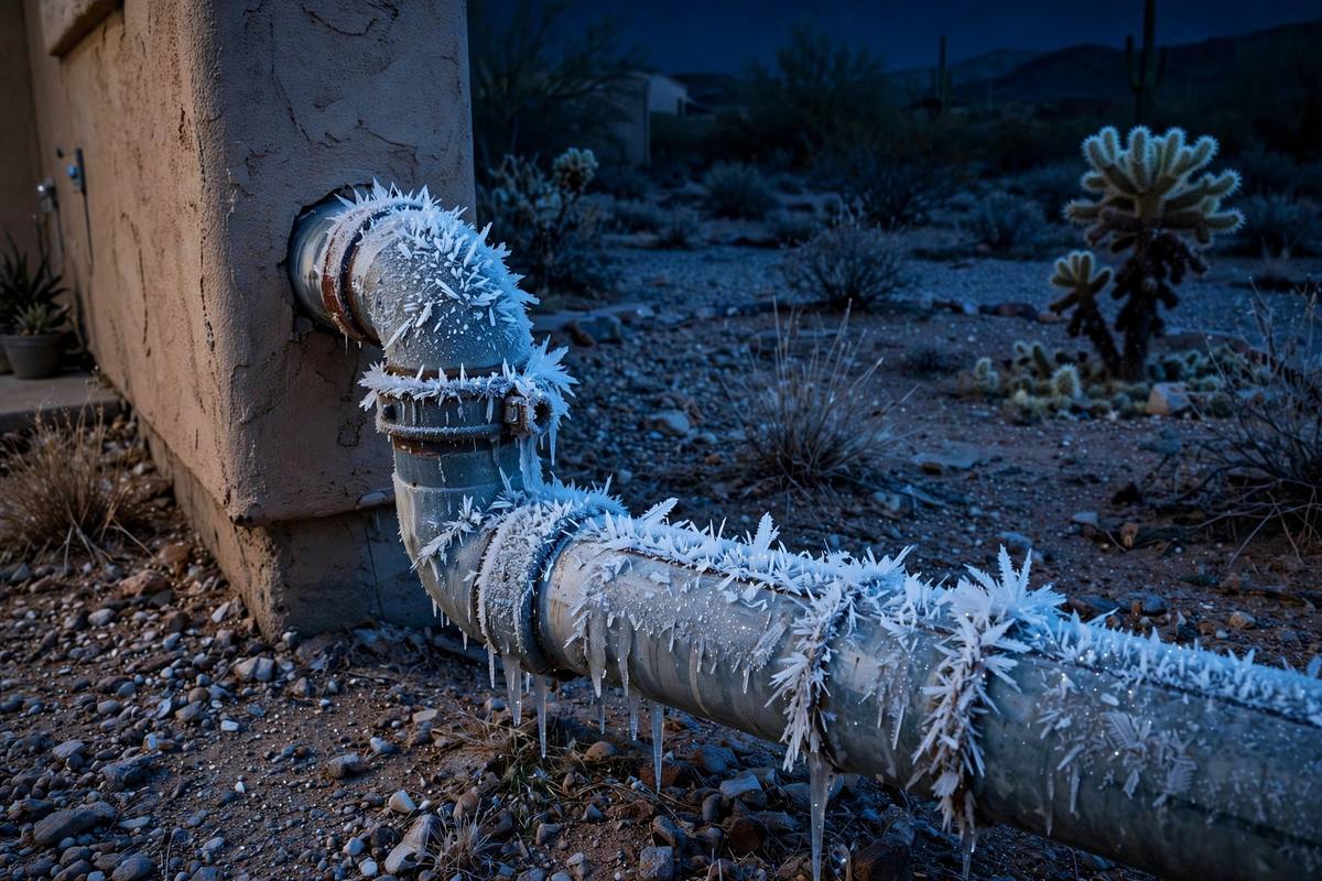 Outdoor water pipe with frost and ice in a desert backyard at night