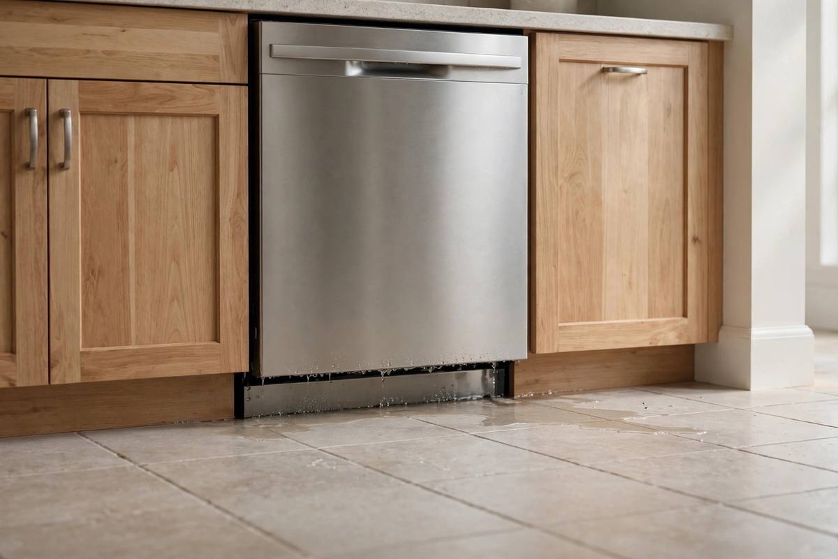 Water seeping from beneath a dishwasher onto a kitchen tile floor