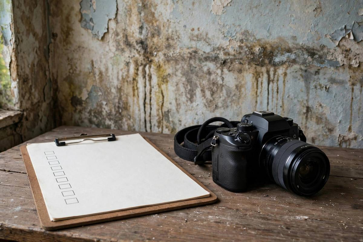 Clipboard checklist and camera next to a water-stained interior wall