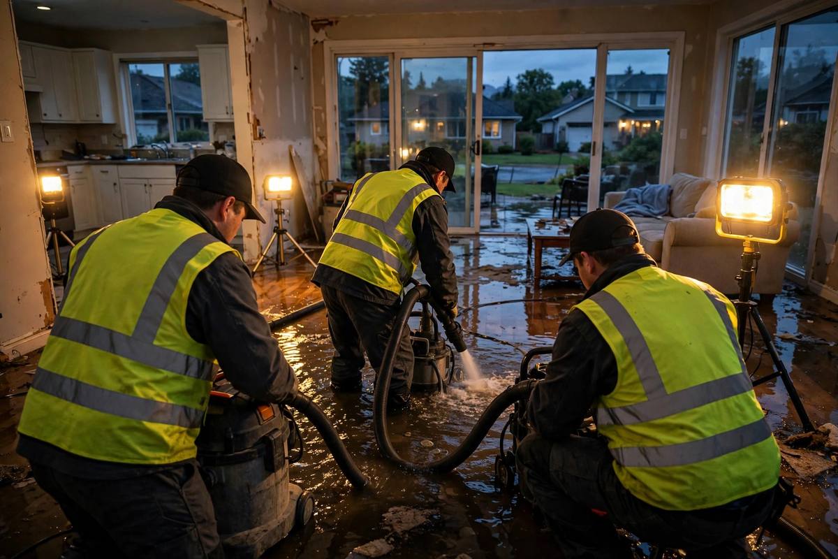 Restoration technicians extracting water inside a home at night with work lights