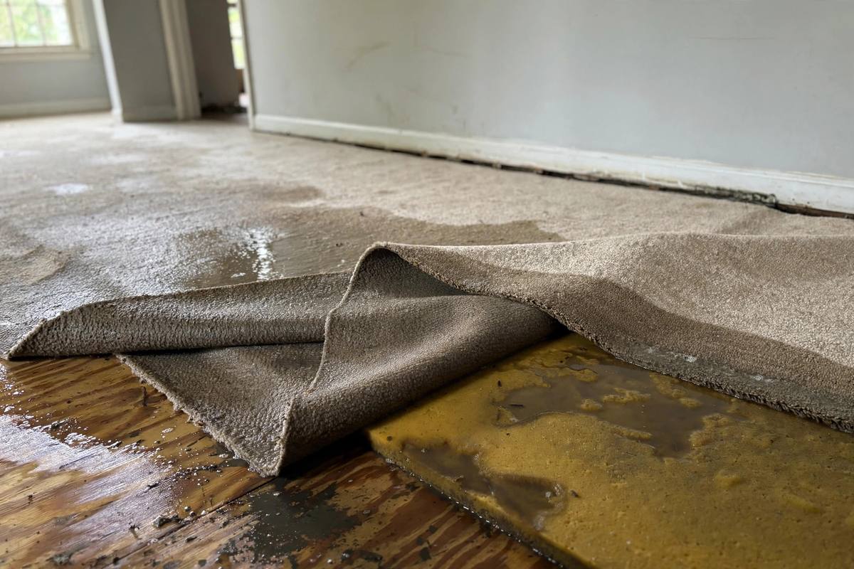 Soaked carpet being pulled up revealing wet carpet pad underneath