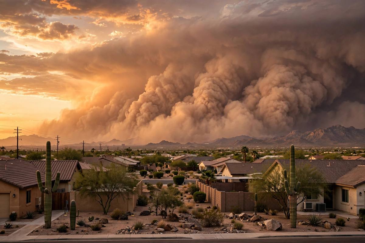 Massive haboob dust wall approaching a Phoenix suburb at sunset