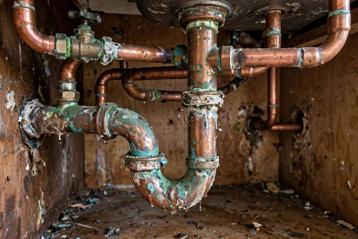 Corroded copper pipes with mineral buildup visible under a sink