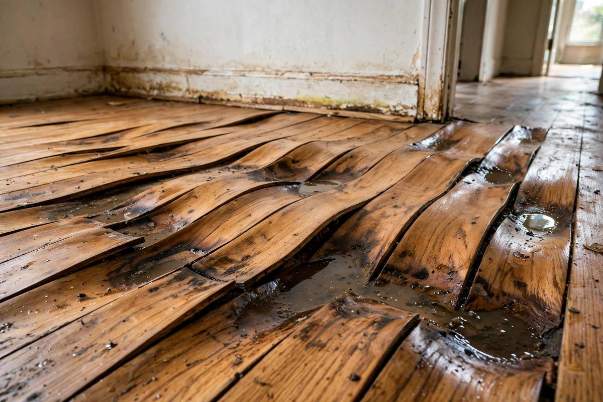 Buckled and cupped hardwood floor planks with visible water damage