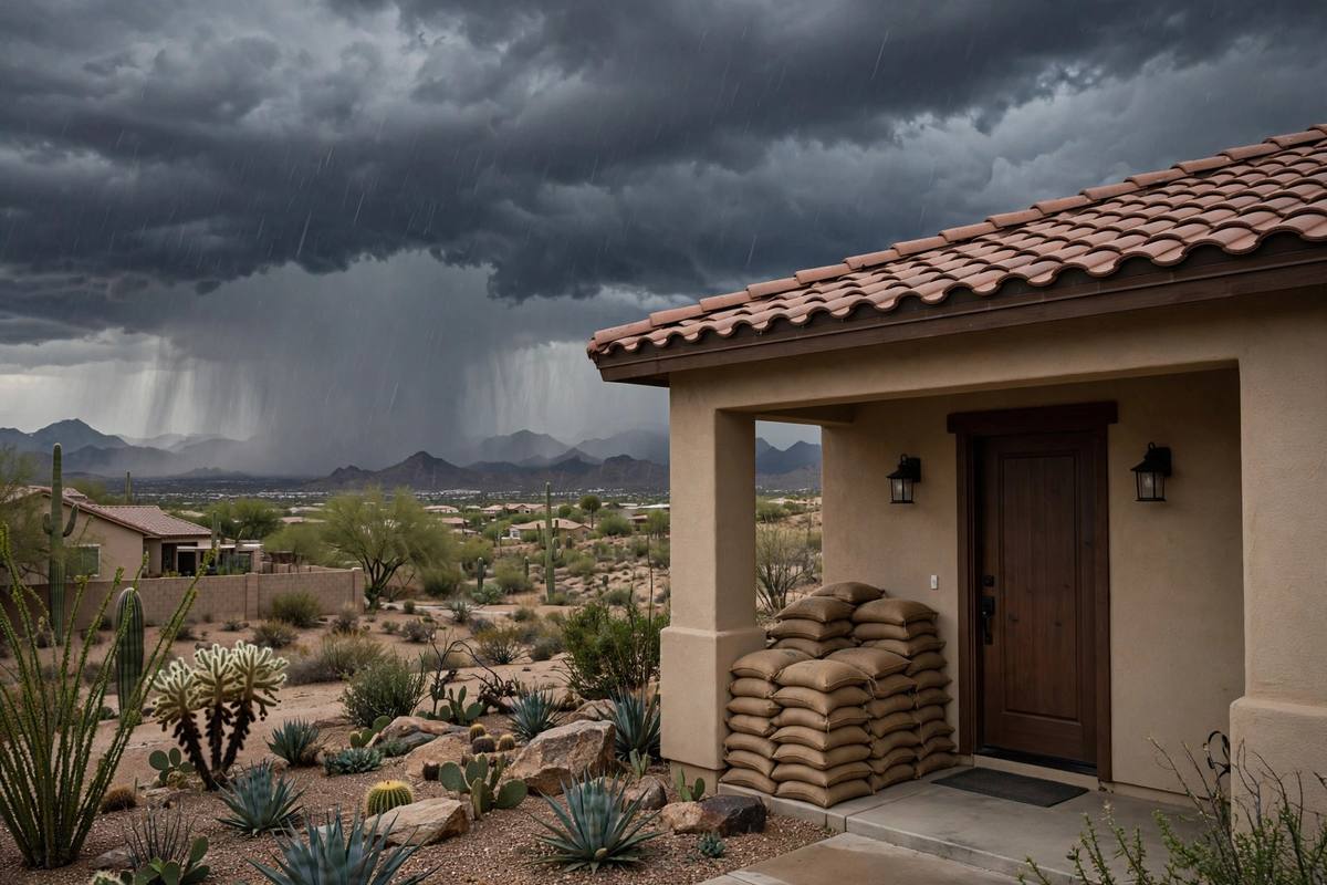 Dark monsoon storm clouds approaching a suburban Phoenix home