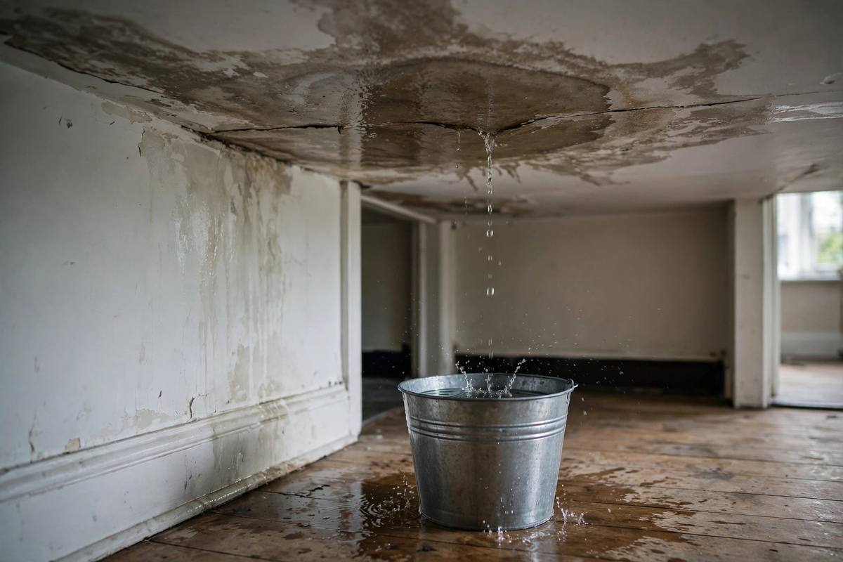 Water dripping from a ceiling into a bucket inside a home during a storm