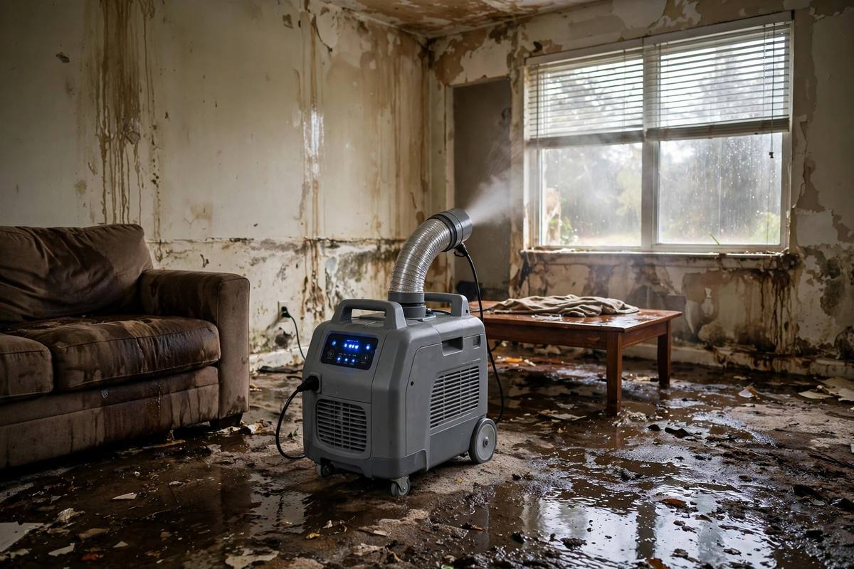 Air scrubber machine running in a water-damaged living room