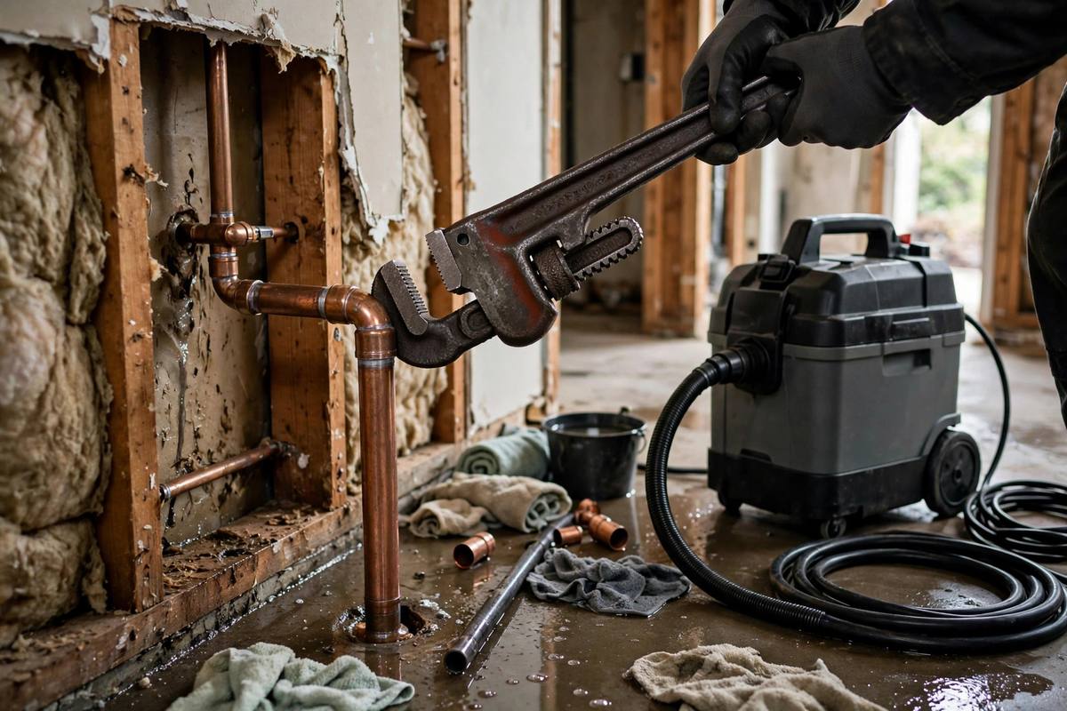 Plumber repairing a pipe next to restoration drying equipment in a home