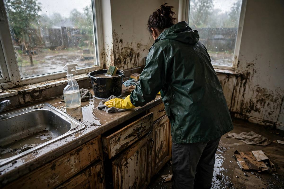 Person wearing gloves disinfecting surfaces in a flooded room