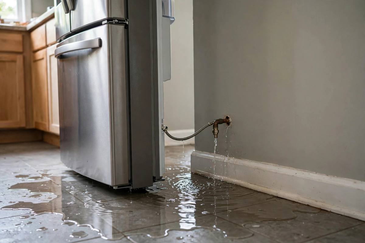 Water pooling behind a refrigerator with the supply line visible
