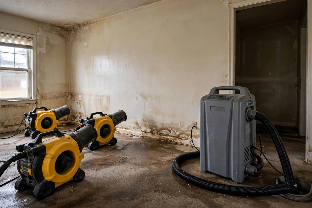 Industrial air movers and a dehumidifier drying a water-damaged room