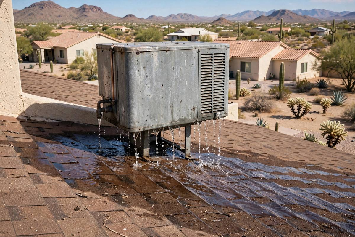 Rooftop evaporative cooler on an Arizona home with water dripping from the unit