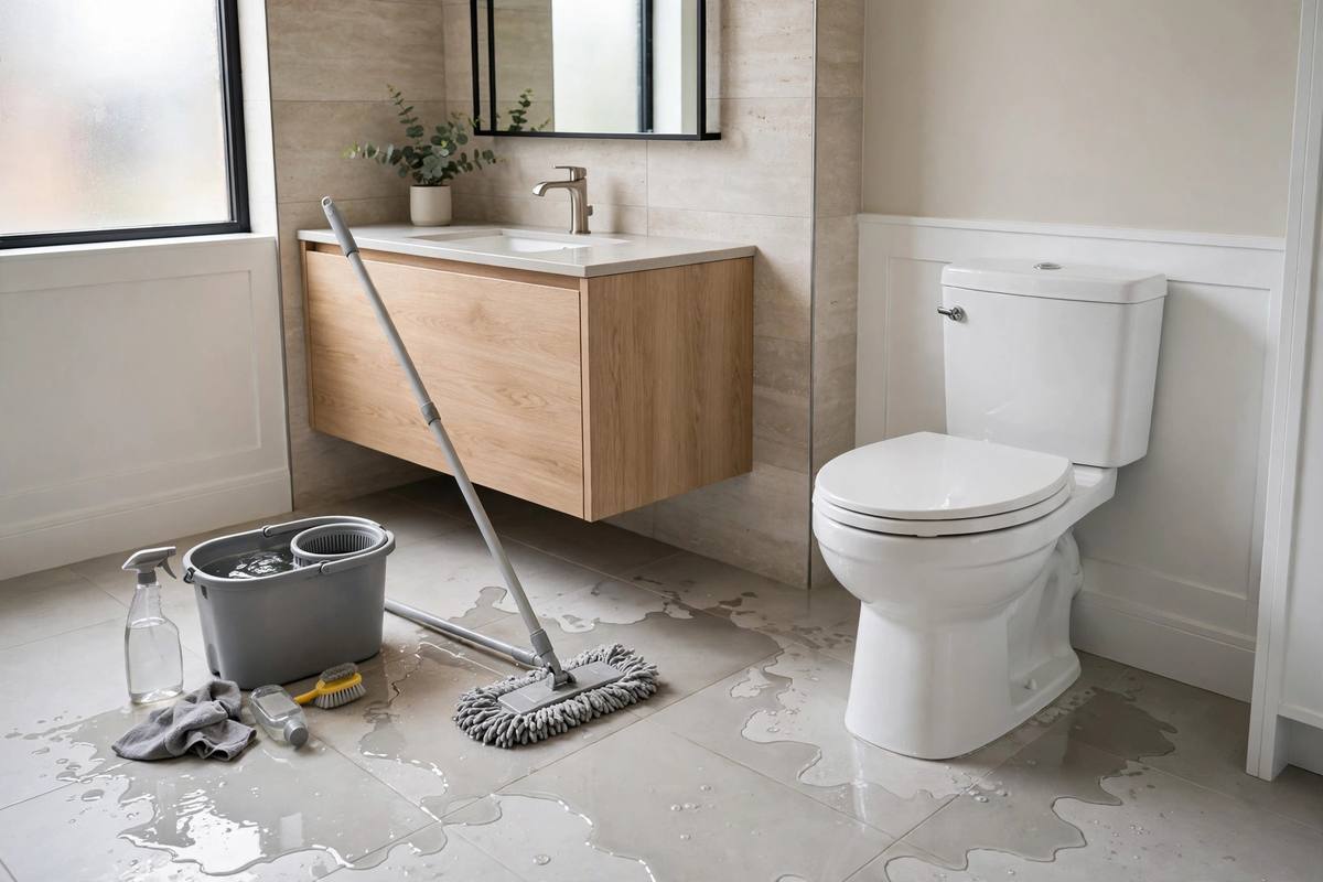 Bathroom with toilet overflow water on the tile floor being cleaned up
