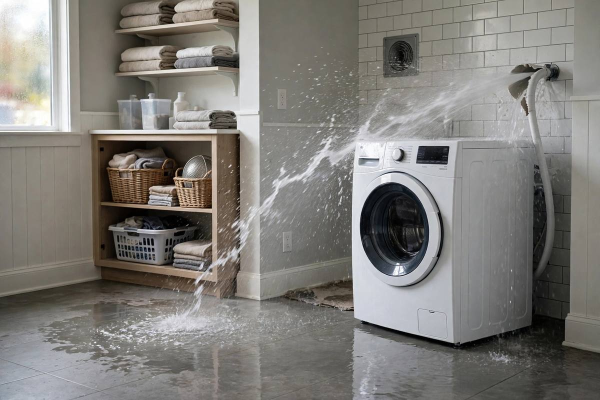 Laundry room with water spraying from a burst washing machine hose