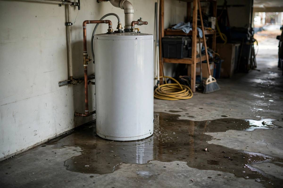 Water pooling around the base of a water heater in a residential garage